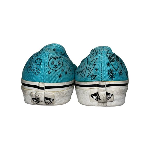 Vans Aqua Blue Graffiti Skull Bat Yin and Yang Smiley Face Sneakers M 6 W 7.5 - Picture 7 of 10